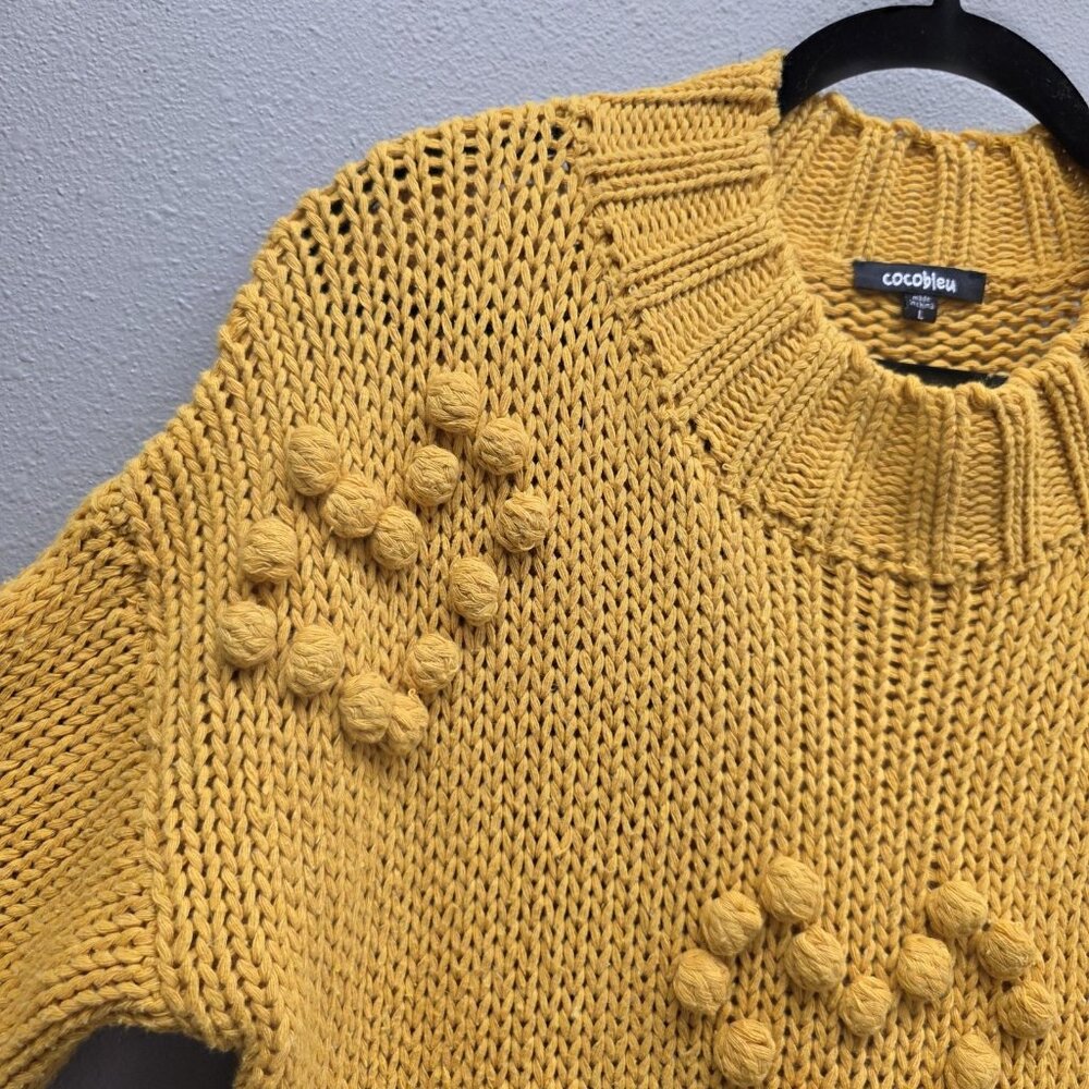 Cocobleu Sweater Womens Large Yellow Chunky Knit Bobble Heart Pullover Crewneck - Picture 2 of 9